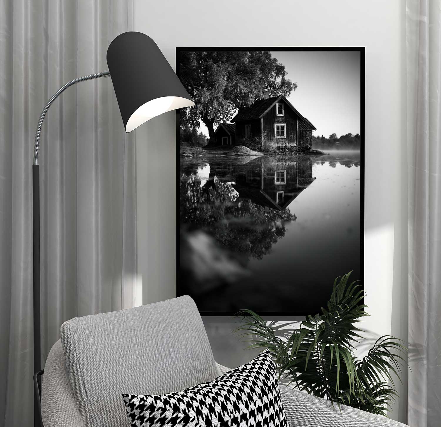 litet-hus-vid-vattnet-poster svartvit poster med sverigemotiv