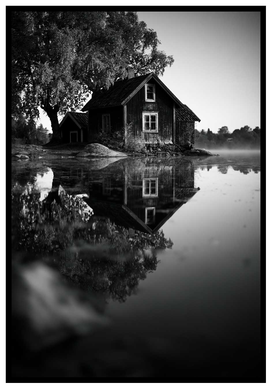 vackert-litet-hus-poster stilla sjö poster